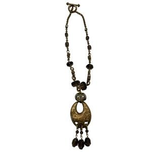 Vintage Stephen Dweck Smokey Quartz Stones Oval Bronze Medallion Necklace